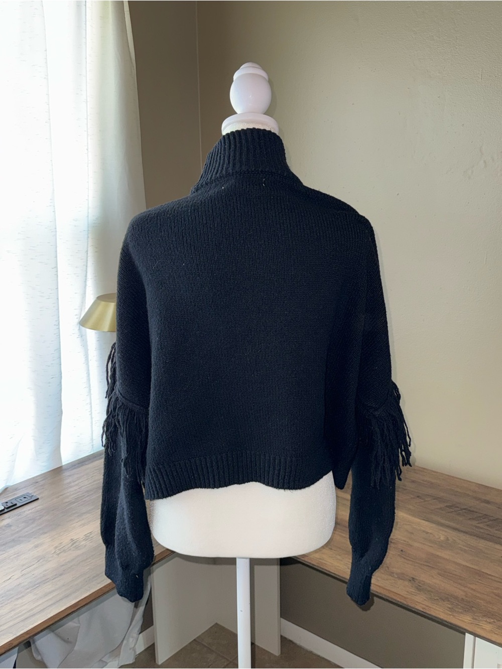 Happily Grey Black Fringe Sleeve Turtleneck knit Sweater Medium